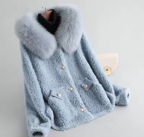 Pale blue fur gold button coat