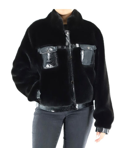 Faux Fur Jacket with Crocodile Leather Details -  black