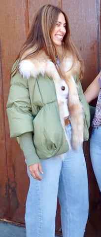 Olive puffer gold fox fur