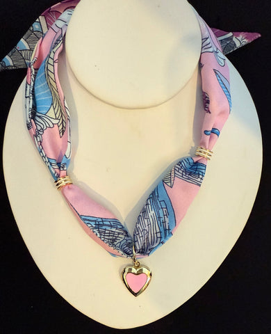 Pink heart charm scarf necklace