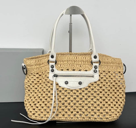 Rafia and leather basket bag