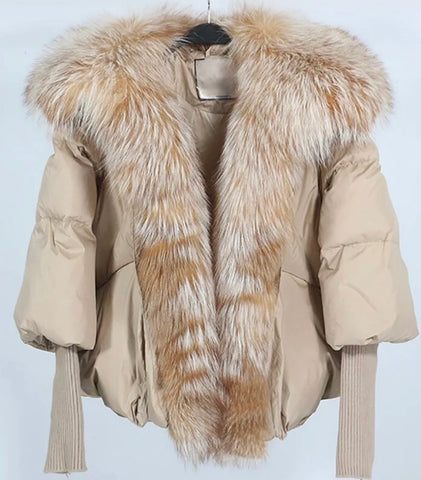 Khaki puffer - gold fox fur