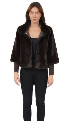 Chocolate brown faux fur jacket with sweater sleeve