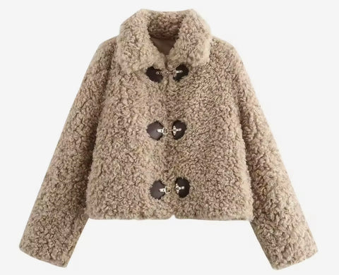Faux shearling hook closure jacket
