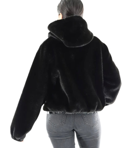Black faux fur hooded jacket