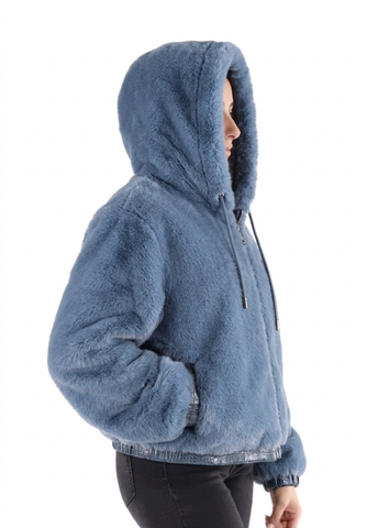 Faux fur hooded jacket blue - small