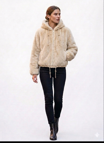 Faux fur hooded jacket cream - large
