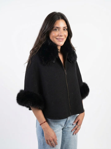 Faux fur trim wool caplet jacket