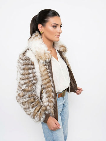 Striped faux fur jacket - brown