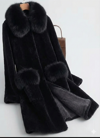 Fox fur knee length jacket - black