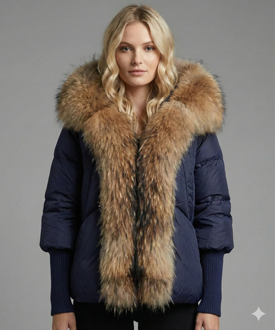 Navy goose puffer - with natural fox