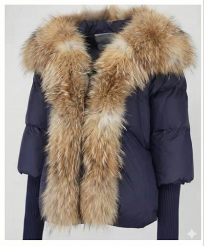Navy goose puffer - golden fox fur