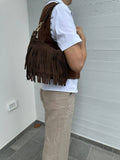 MAJE - fringed suede: Taupe