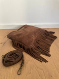 Suede fringe top handle clutch/cossbody bag