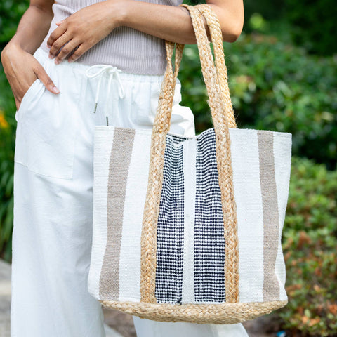 Cayman Tote - White and Black Stripes Jute Tote