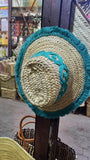 Moroccan Beach Straw Hat with tribal pattern ＆ tread frings
