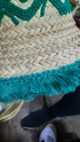 Moroccan Beach Straw Hat with tribal pattern ＆ tread frings