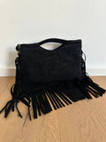 Suede fringe top handle clutch/cossbody bag