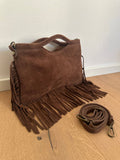 Suede fringe top handle clutch/cossbody bag