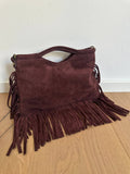 Suede fringe top handle clutch/cossbody bag