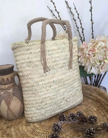 Rectangular Straw Beach Basket with Naturel Crochet Handles